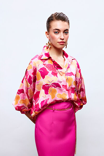 Sateen Floral Patterned Casual Shirt - Fuchsia-Orange