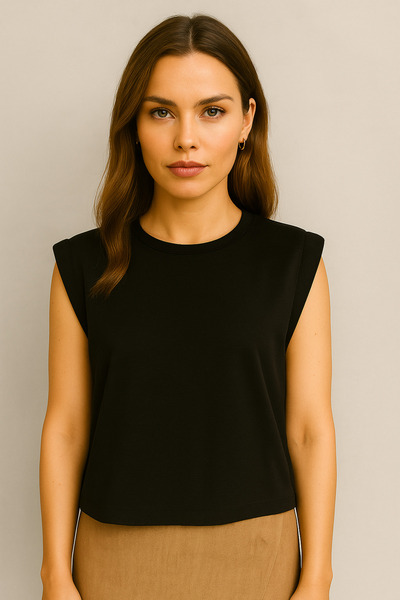 VENA Μπλουζάκι από χοντρό βαμβάκι με λεπτομέρεια με κουμπιά στο πλάι-Μαύρο