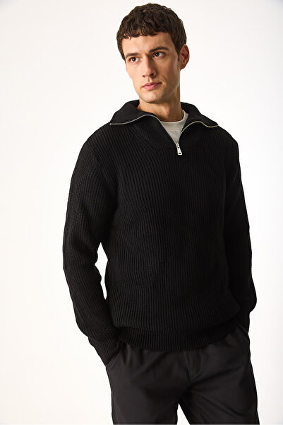 VENA Πλεκτό πουλόβερ με μισό φερμουάρ και γιακά με κανονική εφαρμογή-Μαύρο