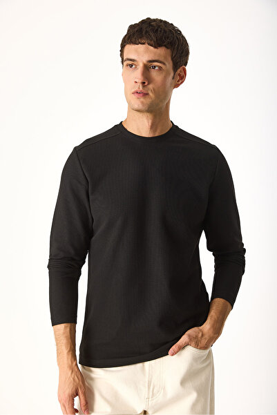 VENA Φούτερ με λαιμόκοψη με κανονική εφαρμογή με υφή-Μαύρο