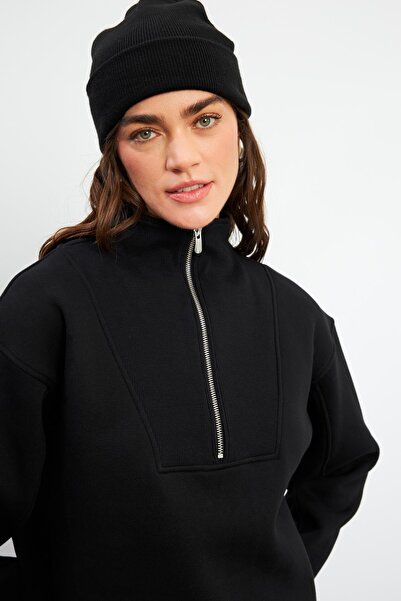 VENA Φούτερ Marina με μισό φερμουάρ από βαμβάκι-Μαύρο