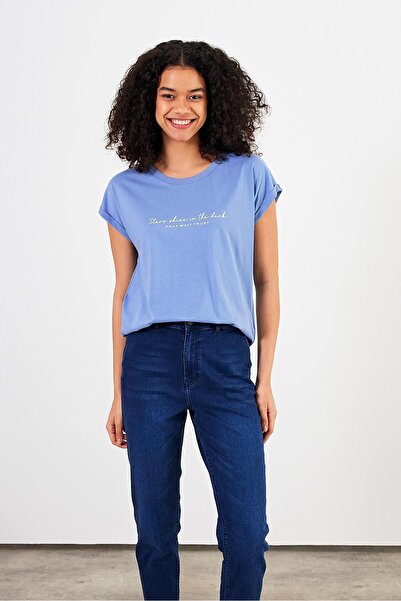 VENA Tricou Shine cu gât rotund imprimat cu croială normală-albastru cer