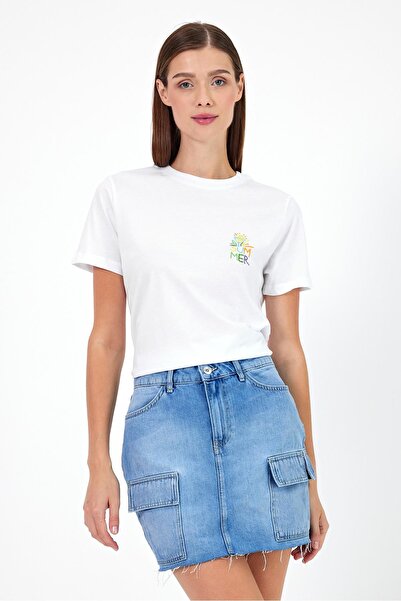 VENA Tricou cu imprimeu cu guler rotund de vară-alb