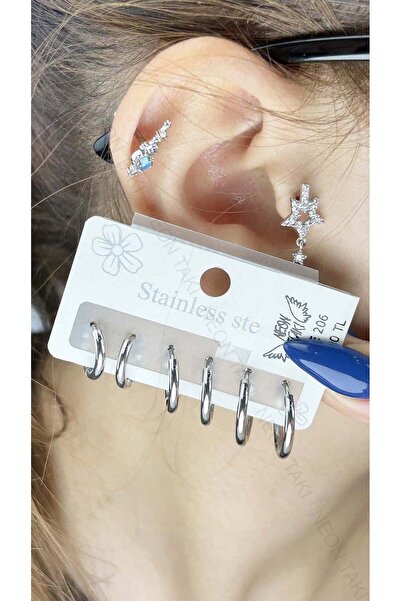 Neon Takı by Atalay Earrings, Non-Tarnish Stainless Steel, Multiple, Hoop Model, Silver Color, Model206