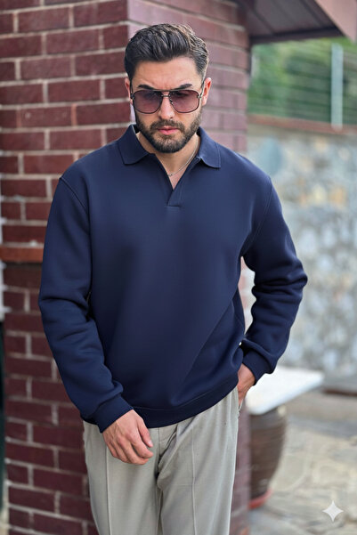 GUARAZ Чоловічий синій поло з коміром з бавовняної м'якої товстої тканини Oversize Sweatshirt