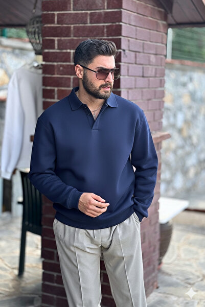 GUARAZ Ανδρικό φούτερ με γιακά πόλο σε μπλε ναυτικό χρώμα από μαλακό βαμβακερό ύφασμα oversize