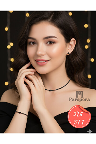 Parspera Gümüş Kaplama Zirkon Tek Taş Kolye, Küpe ve Bileklik 3'Lü Takı Set Ş...