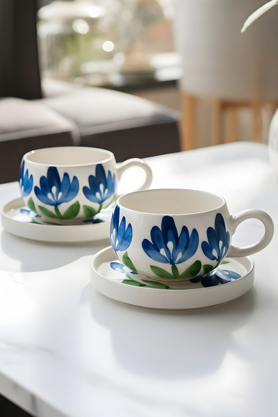 Hopce Flora El Yapımı Gentian Çiçeği Desenli, 4 Parça 2 Kişilik Çay Fincanı T...