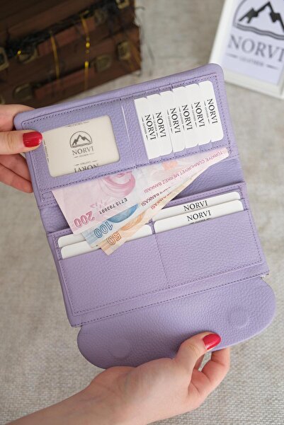 Norvi Leather محفظة نسائية من الجلد الطبيعي مع حجرة للهاتف لون بنفسجي فاتح 1055