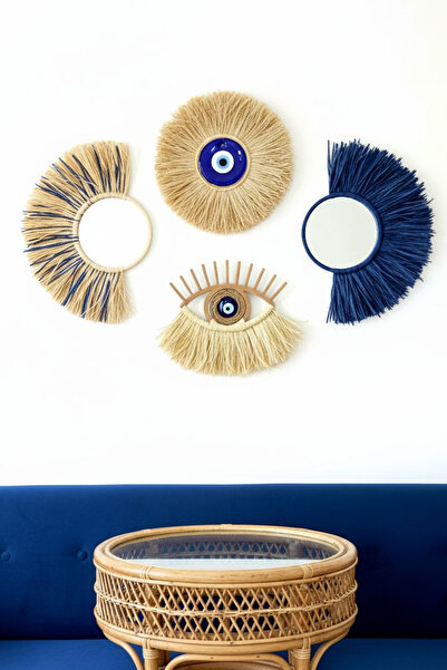Bubihome Tasarım Dörtlü Bohem Rafya Ayna Seti Nazar Boncuğu & Hasır Göz & Yelpaze Ayna