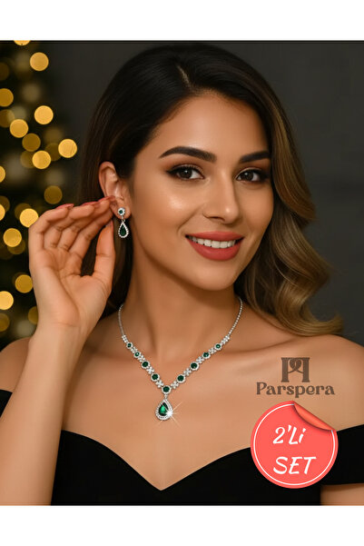 Parspera Gümüş Kaplama Zirkon Çiçek Kristal Kolye, Küpe 2'Li Set Abiye Düğün ...