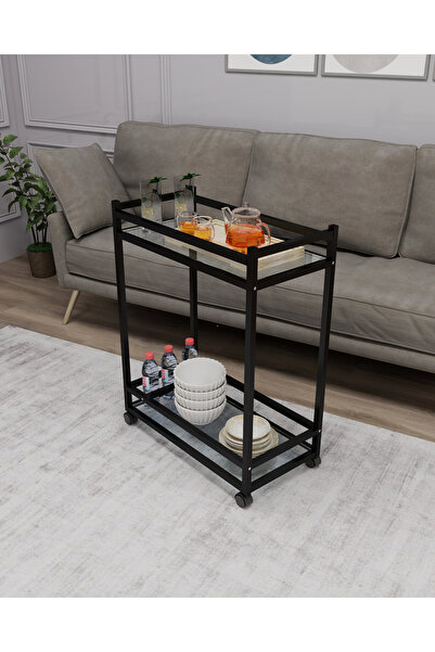 HNC HOME Çok Amaçlı Tekerlekli Sunum Servis Arabası Yan Sehpa, Cam Raflı Serv...