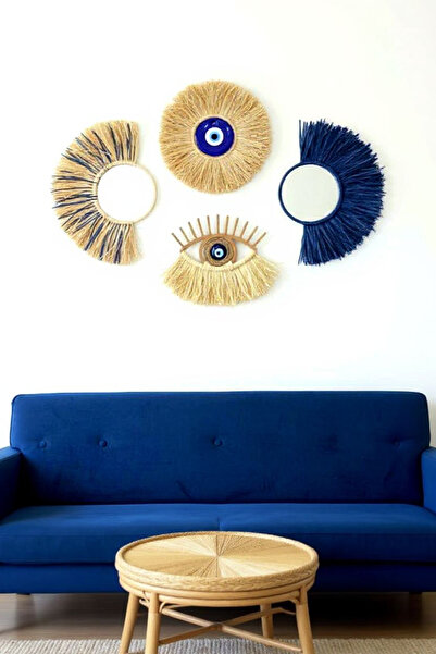 Bubihome Tasarım Dörtlü Bohem Rafya Ayna Seti Nazar Boncuğu & Hasır Göz & Yelpaze Ayna