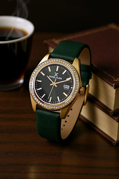Daniel Klein Zarif, Taşlı, Takvimli, Yeşil Deri Kayışlı Bileklik Hediyeli Kadın Kol Saati