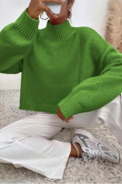 Miss Poem Kadın Boğazlı Balıkçı Yaka Oversize Uzun Yeşil Triko Kazak