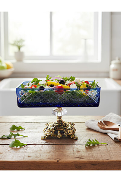 Akden Kristal Crystal Cutting Decor Ektrella Blue Baton Presentation Glass Bowl