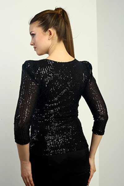 By Saygı Women's Double Breasted Collar Front Draped Lined Pulpayet Long Sleeve Blouse