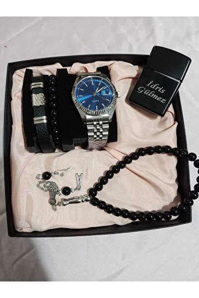 Brality Özel Kutulu Hediyelik Çakmaklı Erkek Kombin Saat Seti ( 5 Parça'lı Ak...