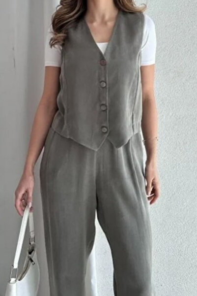 adba style Set Palazzo set cu vestă din țesătură Tensl pentru femei 4018