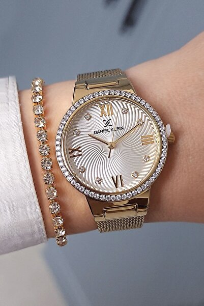 Daniel Klein Taşlı, Beyaz Kadranlı, Altın Sarısı Kadın Kol Saati, Taşlı Bileklik Hediyeli