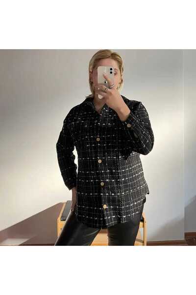Genel Markalar Siyah Oversize Şanel Tüvid Standart Beden Kumaş Ceket/gömlek