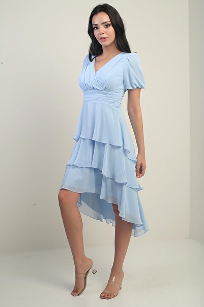 By Saygı Дамска плисирана шифонена рокля с двуредно закопчаване и цип отзад