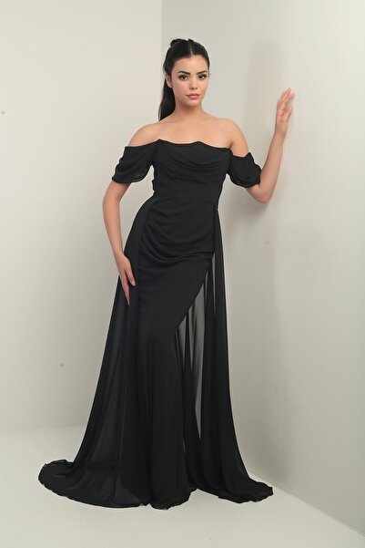 By Saygı Women's Low Sleeve Underwire Lined Cape Chiffon Long Dress