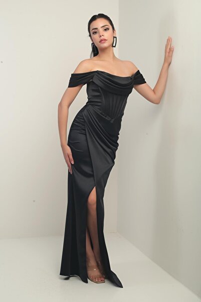 By Saygı Women's Strapless Low Sleeve Lined Underwire Satin Long Dress