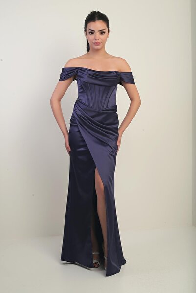 By Saygı Women's Strapless Low Sleeve Lined Underwire Satin Long Dress