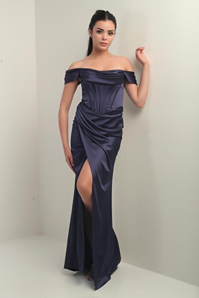 By Saygı Women's Strapless Low Sleeve Lined Underwire Satin Long Dress