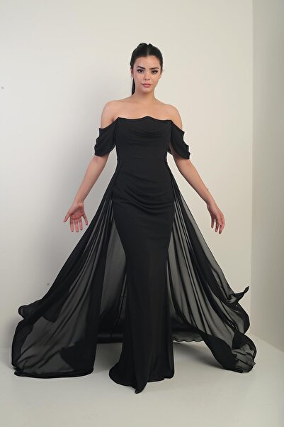 By Saygı Women's Low Sleeve Underwire Lined Cape Chiffon Long Dress