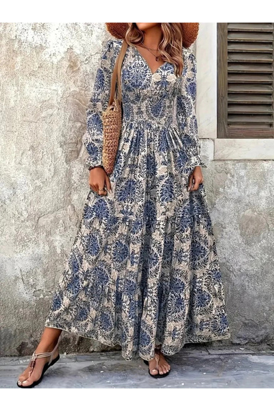 JANES Rochie de damă cu mâneci lungi, cu decolteu în V, cu model