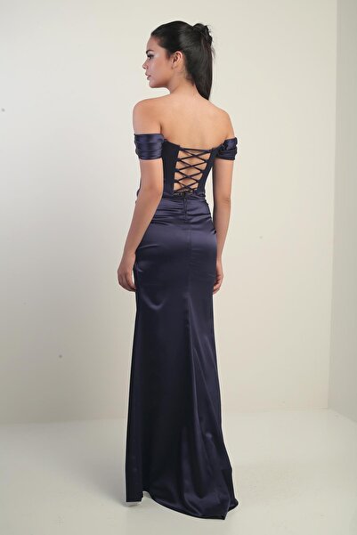 By Saygı Women's Strapless Low Sleeve Lined Underwire Satin Long Dress