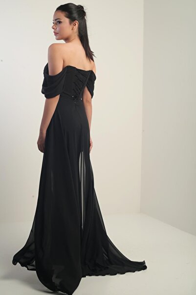 By Saygı Women's Low Sleeve Underwire Lined Cape Chiffon Long Dress