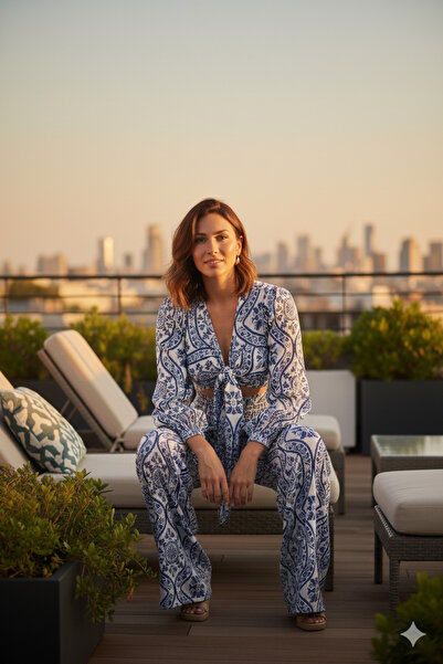 Lovely butik Satin Front Tie Double Vintage Patterned Suit