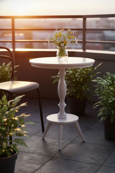 Evnalia Dekoratif Fiskos Ahşap Torna Beyaz Cilalı Ayak Mdf Yan Sehpa Çiçeklik...