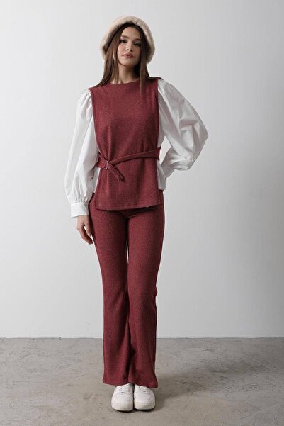 Kinzi Balon Kol Bordo Gömlekli Örme Takım