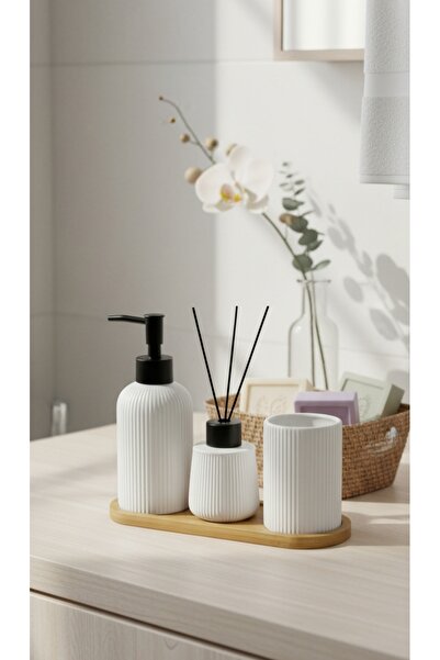 Yonca Hediyelik BAMBU TABAKLI SERAMİK 3 LÜ BANYO SETİ