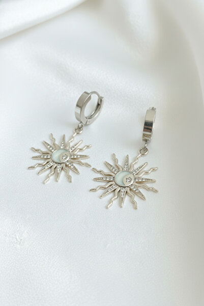 özgül takı ve tasarım Paslanmaz Çelik Gümüş Renk Güneş Ay Ve Yıldız Desenli Zirkon Taşlı Kadın Küpe