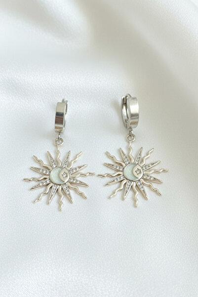 özgül takı ve tasarım Paslanmaz Çelik Gümüş Renk Güneş Ay Ve Yıldız Desenli Zirkon Taşlı Kadın Küpe