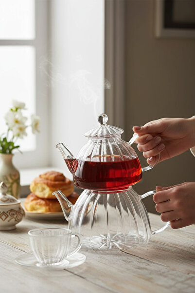 Genel Markalar Beyaz Borosilikat Büyük Cam Çaydanlık Takımı