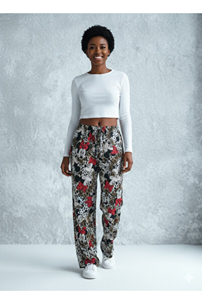 Stitch Shop Kadın Beli Lastikli Bürümcük Kumaş Bol Paça Pantolon