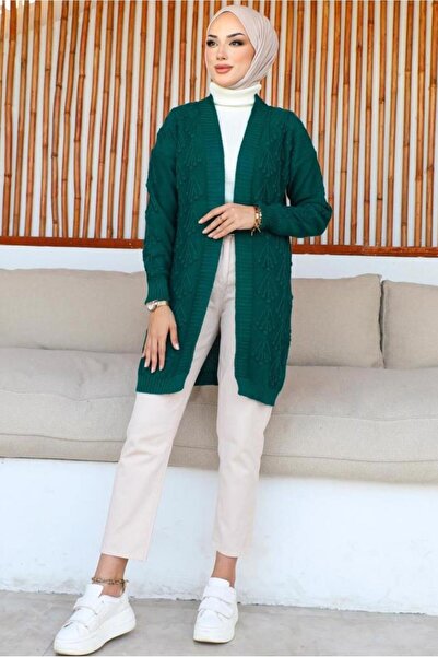 TRENDTESETTÜR KADIN YEŞİL (ZÜMRÜT) KABARTMA DESENLİ TRİKO HIRKA T 0273