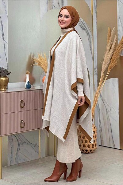 TRENDTESETTÜR Μπεζ Πλεκτό Poncho - Διπλής Όψης T 69181