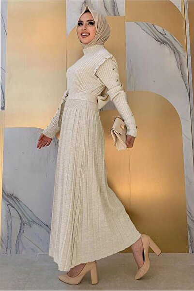 TRENDTESETTÜR Μπεζ πλεκτό φόρεμα - με πλισέ και βολάν, μοντέλο T 40222