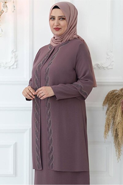 TRENDTESETTÜR KADIN PEMBE (GÜLKURUSU) TAŞ İŞLEMELİ ABİYE ELBİSE T 7321
