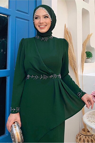 TRENDTESETTÜR KADIN YEŞİL (ZÜMRÜT) TAŞ DETAYLI ELBİSE T 4783