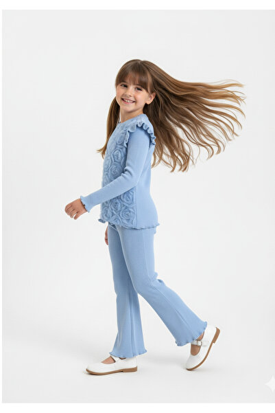 HÜMAKİDSWEAR Ribana Kumaş Yarım Gül İşlemeli Kız Çocuk Kombin Seti