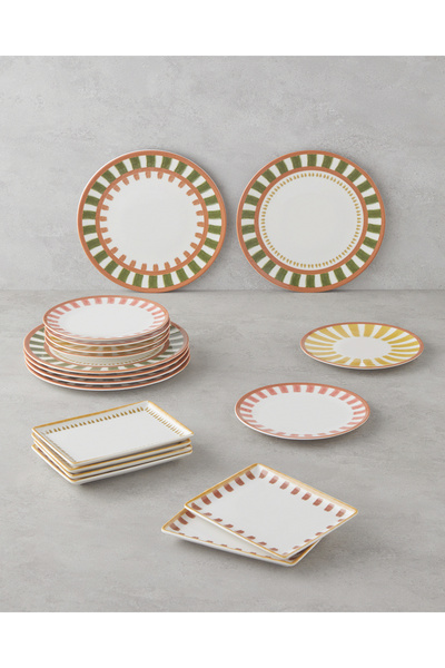 English Home Summer Lines Porselen Kahvaltı ve Sunum Seti 18 Parça 6 Kişilik Renkli
