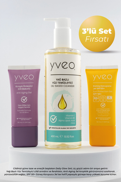 YVEO Daily Glow 3 lü Set - Anti Aging Jel, Güneş Jeli, Temizleme Yağı